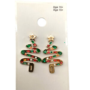 Christmas Tree Earrings Gold Green Red